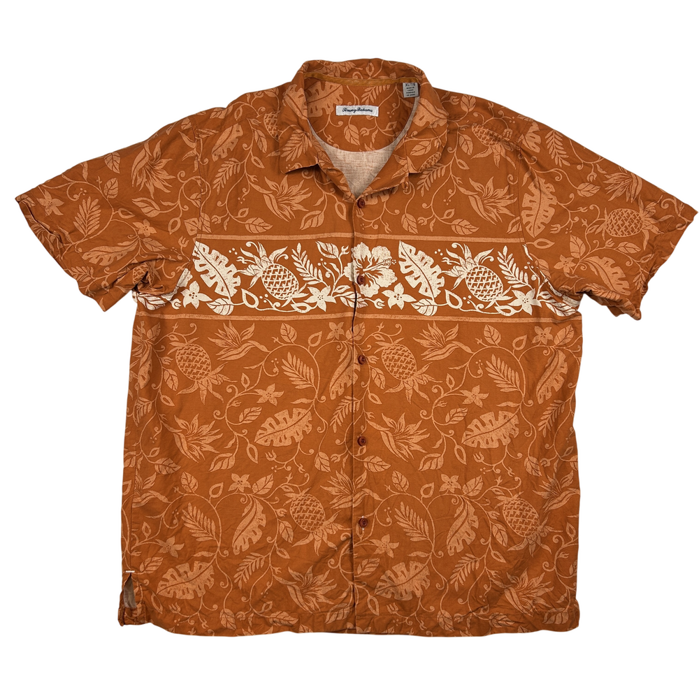 Tommy Bahama Shirt Mens XL Hawaiian Silk Brown Floral Aloha Camp Button Up